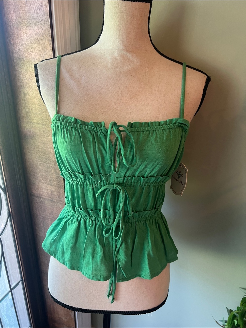 Tie-Front Smocked Linen Spaghetti Strap Camisole